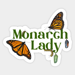 Monarch Lady with Caterpillars, Chrysalids and Butterflies Sticker